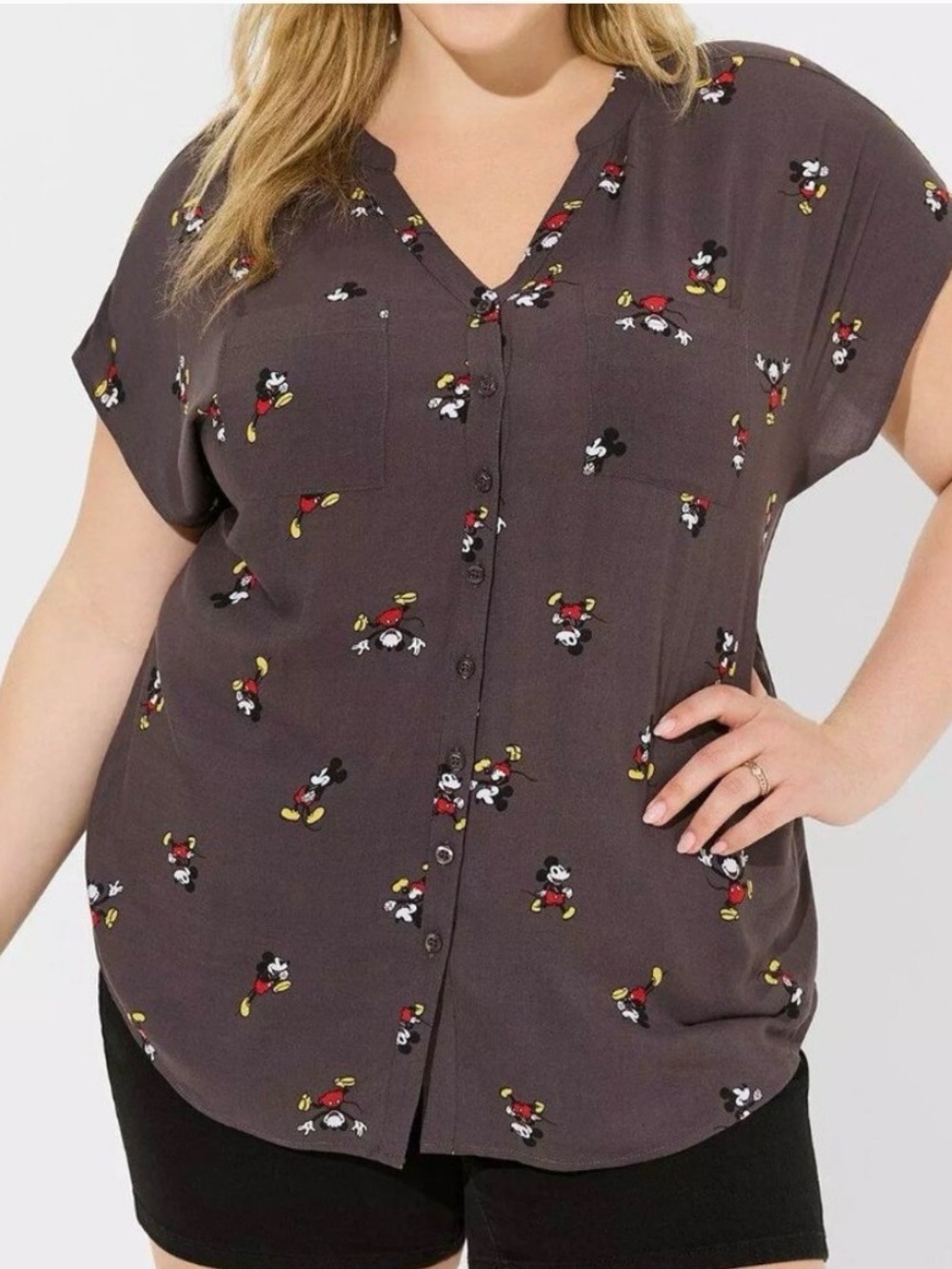 Torrid X Disney Charcoal Mickey Print Button-Front Shirt